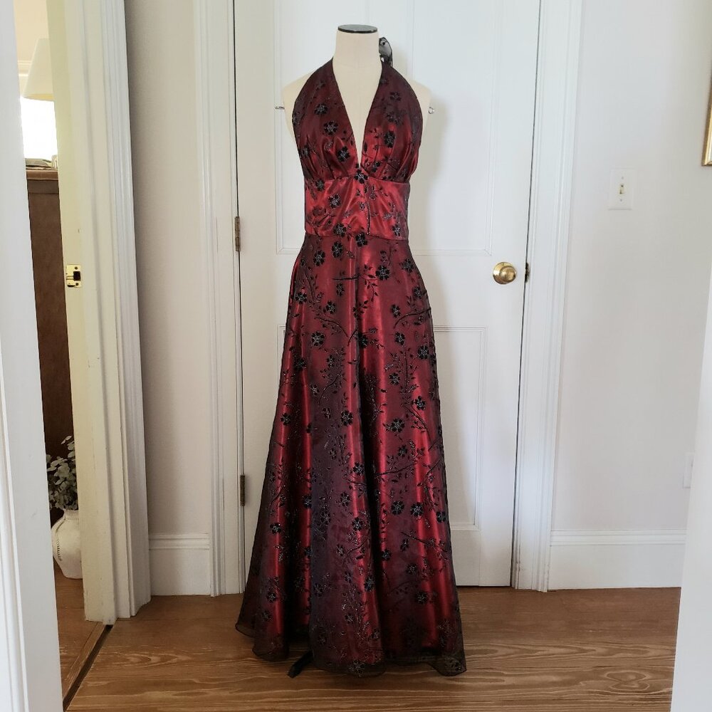 Red Black floral halter backless ballgown 6 Small/Medium